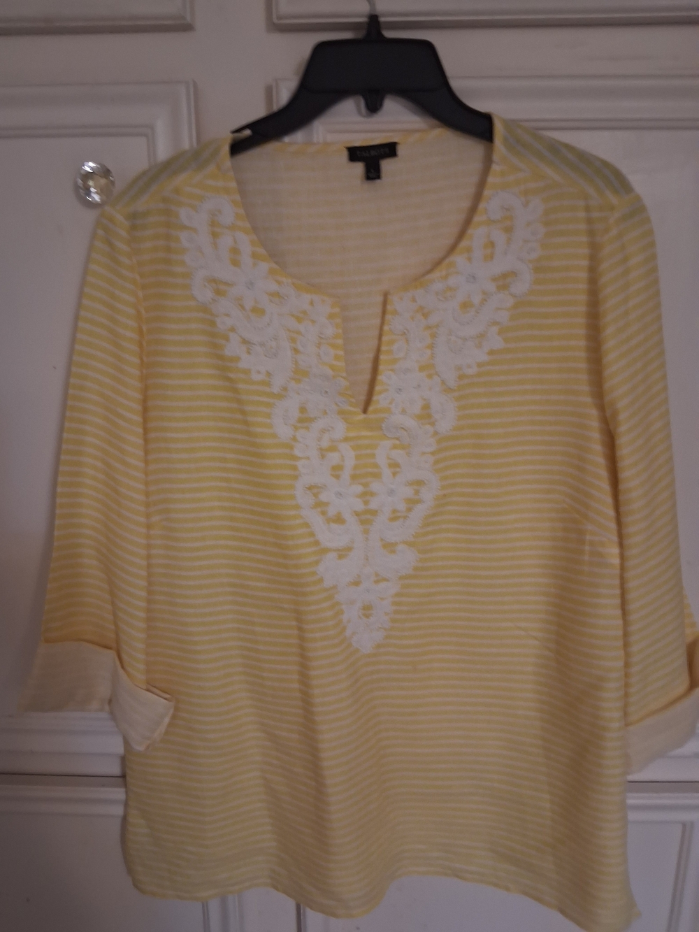 Talbots Yellow & White Striped Embroidered Split-Neck Tunic